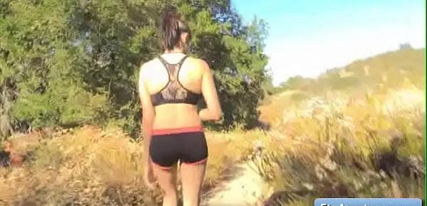  Young cutie brunette amateur girl Cadey hoes for a run and tough her sexy body all over